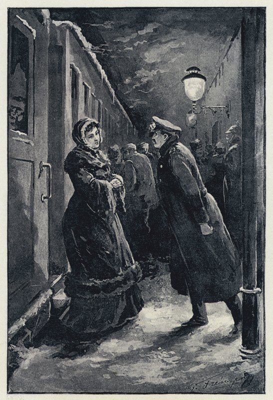 Ilustración de Anna Karenina: Vronsky encuentra a Anna en la estación de Paul Frenzeny