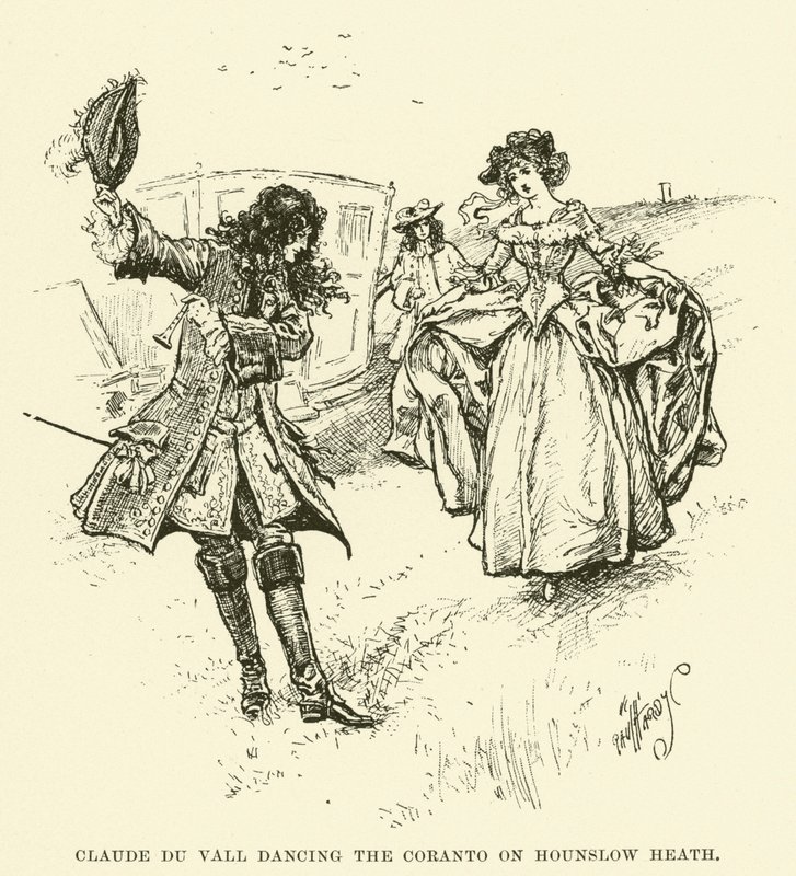 Claude du Vall bailando el Coranto en Hounslow Heath (grabado) de Paul Hardy
