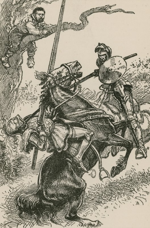 El Caballero de los Espejos fue apresurado, a pesar de sí mismo, sobre la grupa de su caballo de Paul Hardy