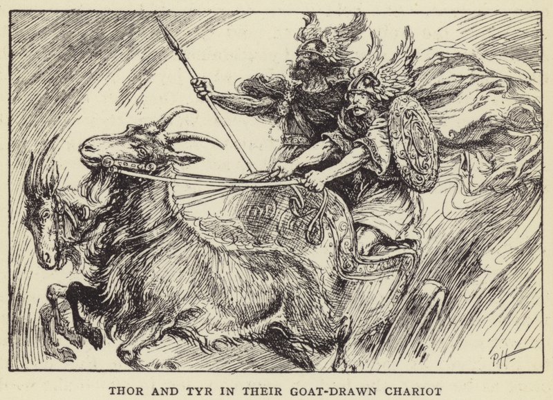 Thor y Tyr en su Carro Tirado por Cabras de Paul Hardy