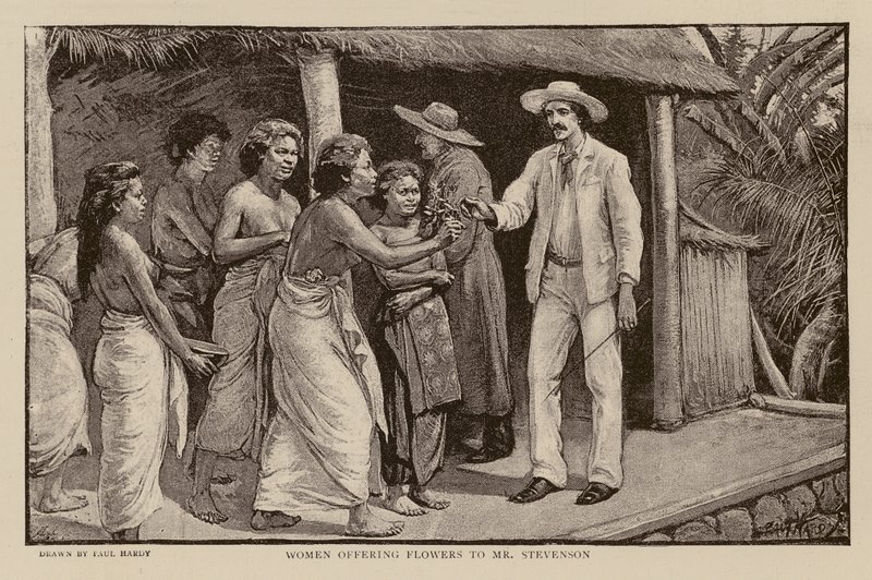 Mujeres ofreciendo flores a Robert Louis Stevenson (grabado) de Paul Hardy