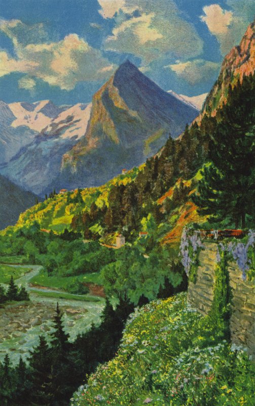 Balnearios suizos: Acquarossa, vista del valle del Blenio (litografía en color) de Paul Kutscha