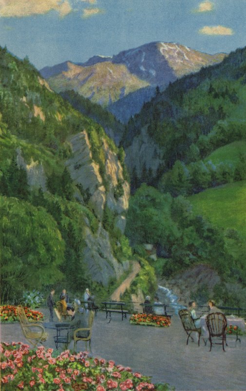 Balnearios suizos: Passugg, Kurhaus Garden Terrace (litografía en color) de Paul Kutscha