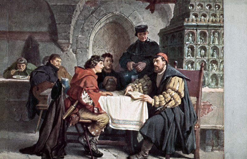 Martín Lutero en conversación con estudiantes en el Gasthof der Baren, Jena, Alemania, marzo de 1522 de Friedrich Paul Thumann