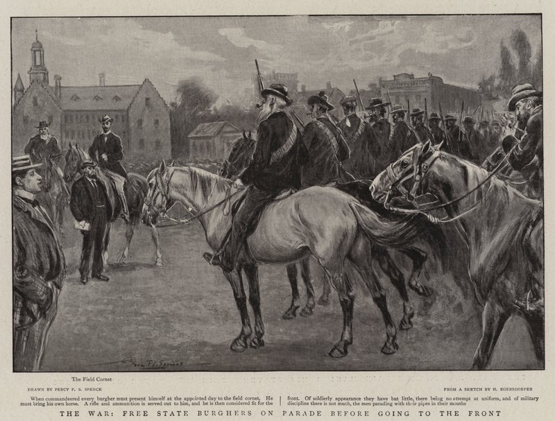 La guerra, burghers del Estado Libre en desfile antes de ir al frente de Percy F.S. Spence