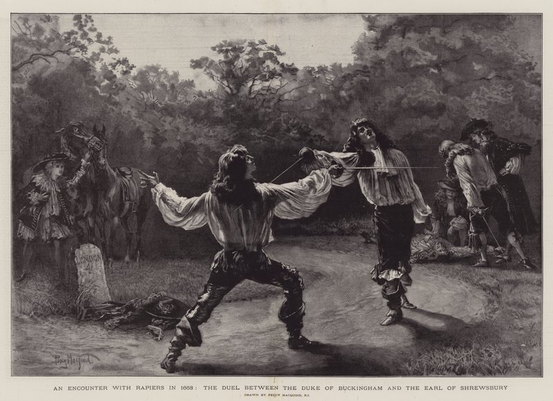 Un encuentro con espadas en 1668, el duelo entre el Duque de Buckingham y el Conde de Shrewsbury de Percy Macquoid