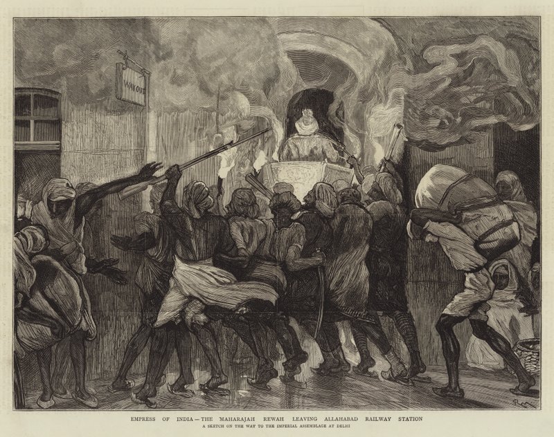 Emperatriz de la India, el Maharajá Rewah saliendo de la estación de tren de Allahabad de Percy Macquoid