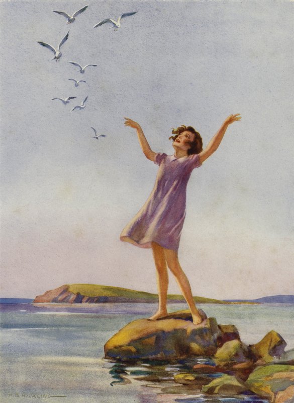 Chica disfrutando del sol en la playa (litografía en color) de Percy Bell Hickling
