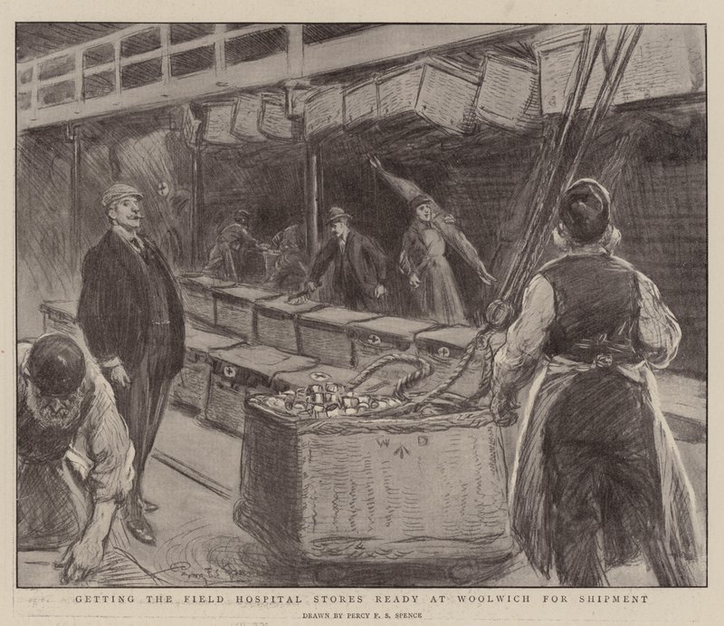 Preparando los Almacenes del Hospital de Campaña en Woolwich para el Envío de Percy F.S. Spence