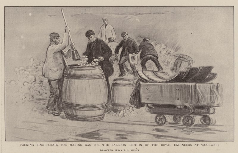 Empacando restos de zinc para hacer gas para la sección de globos de los Ingenieros Reales en Woolwich de Percy F.S. Spence