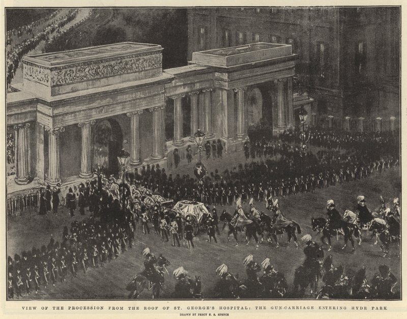 Vista de la procesión desde el techo del Hospital de San Jorge, el carro de armas entrando en Hyde Park de Percy F.S. Spence