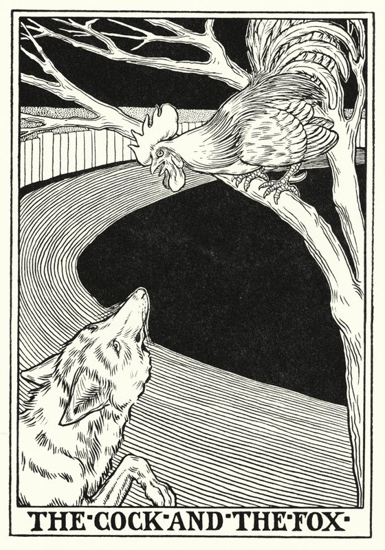 Fábulas de La Fontaine: El gallo y la zorra (litografía) de Percy James Billinghurst