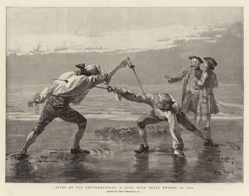 Tipos de esgrima antigua, un duelo con espadas pequeñas en 1760 de Percy Macquoid