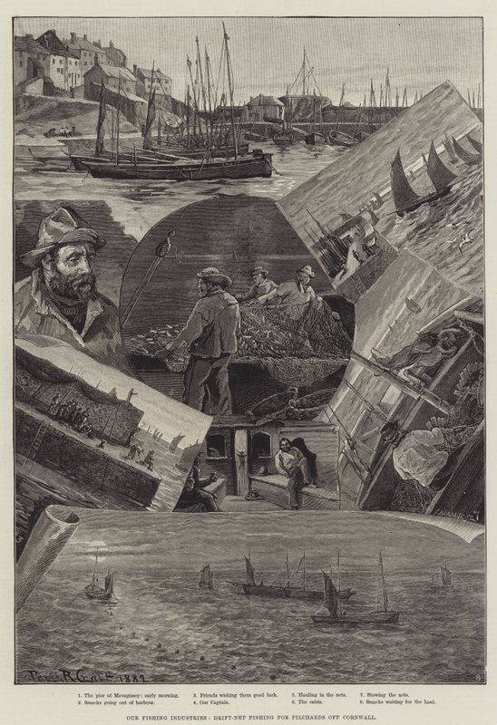 Nuestras industrias pesqueras, pesca con red de deriva para sardinas en Cornwall de Percy Robert Craft