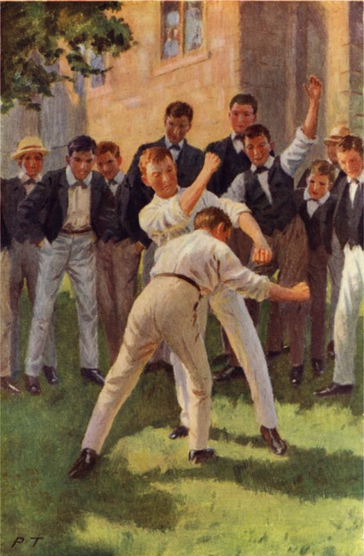 Tom entra y da dos fuertes golpes al cuerpo (litografía en color) de Percy Tarrant