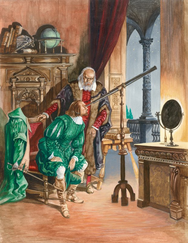 Galileo, ahora ciego, deja que un amigo mire las estrellas a través de su telescopio desde el balcón de su estudio en Pisa de Peter Jackson