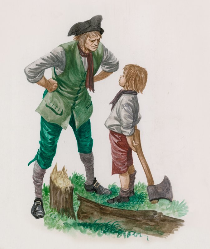 George Washington, habiendo cortado el cerezo, con su padre de Peter Jackson