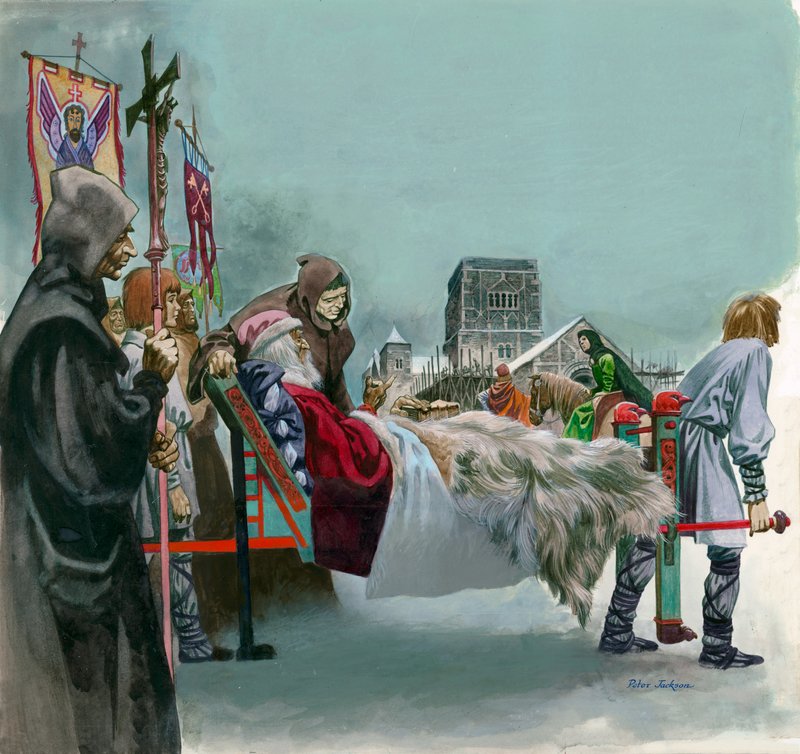 El Rey Eduardo, luego San Eduardo el Confesor, observa la construcción de la Abadía de Westminster desde una litera donde yace enfermo de Peter Jackson
