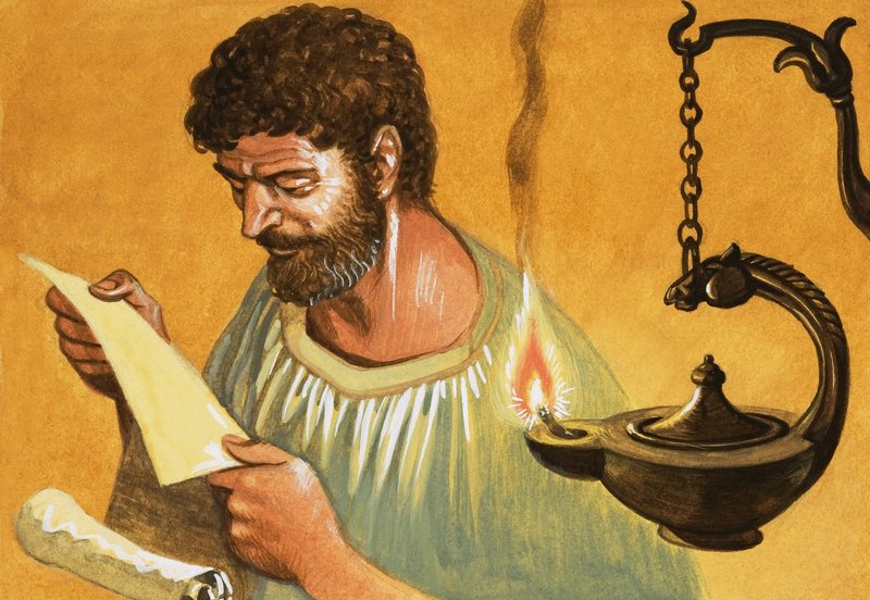 ¡Hágase la Luz! Hombre griego leyendo a la luz de una lámpara de Peter Jackson
