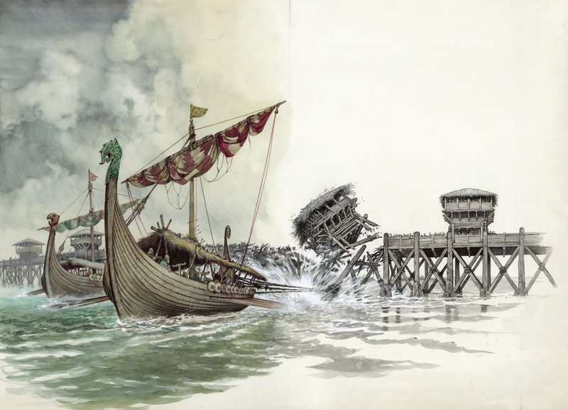 El Puente de Londres siendo derribado en el ataque vikingo liderado por Olaf el Noruego en 1014 de Peter Jackson