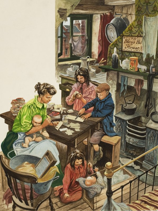 Fabricación de cajas de cerillas (gouache sobre papel) de Peter Jackson