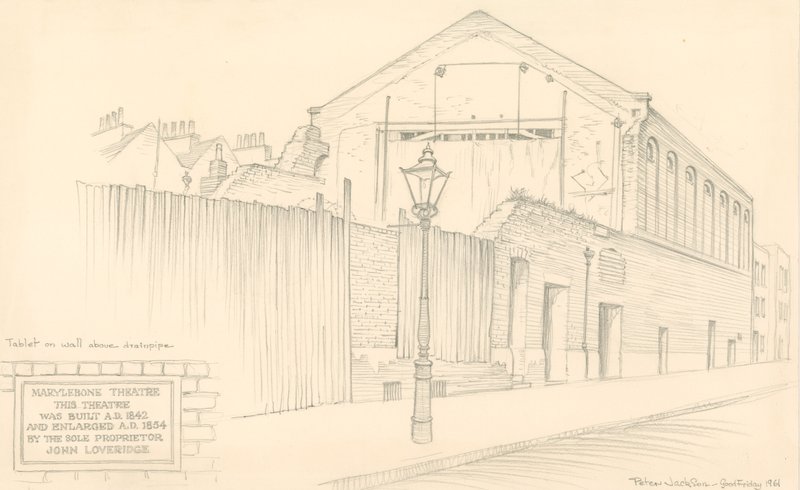 Teatro Marylebone, Londres, parte trasera del teatro en Mulready Street de Peter Jackson