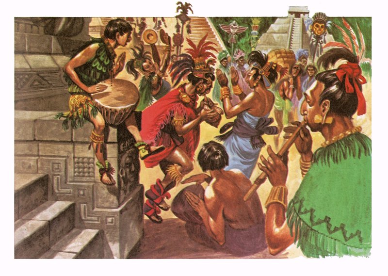 Nativos mayas bailando y haciendo música frente a un templo de Peter Jackson