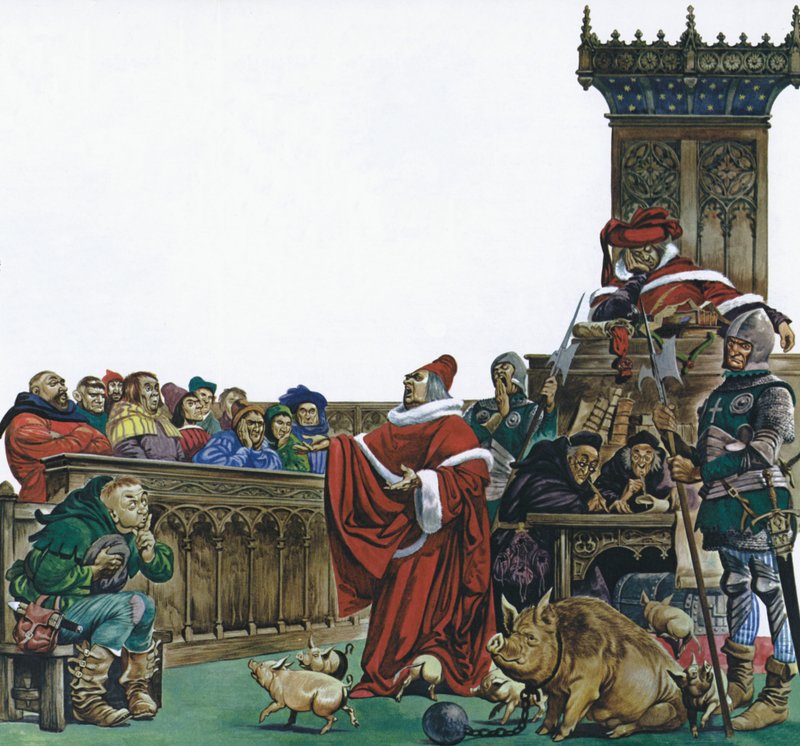 Corte medieval en la que se juzgaban animales (litografía a color) de Peter Jackson