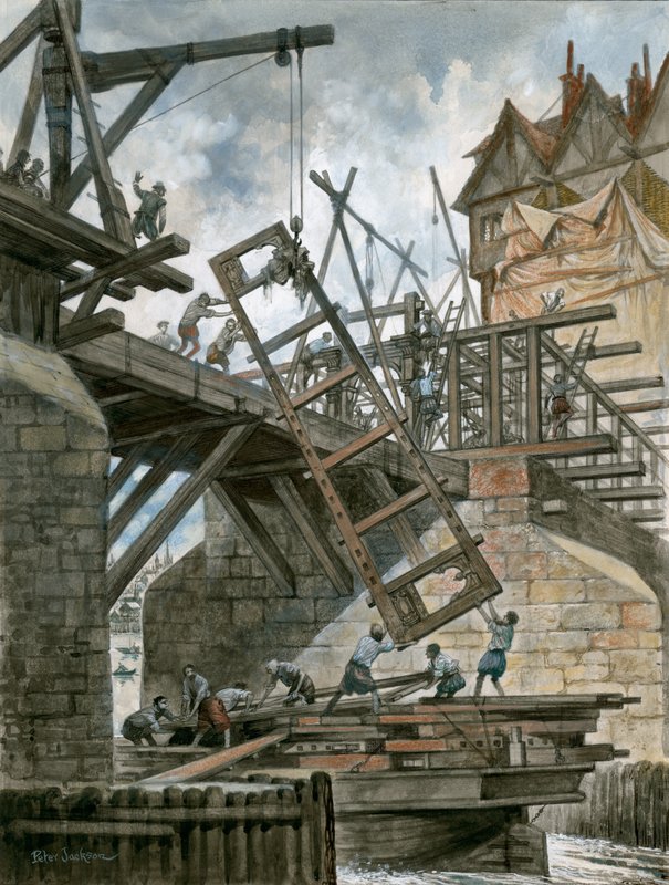 Casa Nonesuch siendo erigida en el viejo Puente de Londres de Peter Jackson