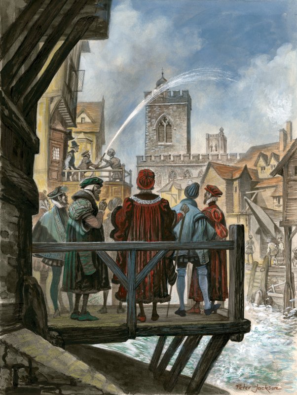 Las obras hidráulicas de Peter Morris en el viejo Puente de Londres admiradas por el alcalde y los concejales de la ciudad de Peter Jackson