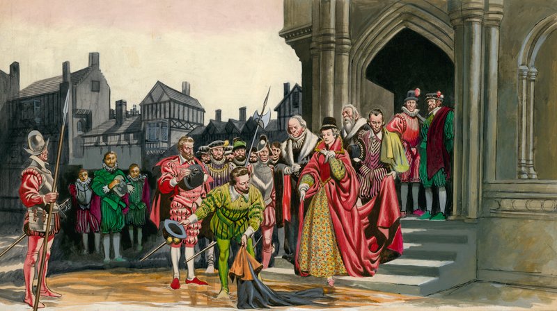 Sir Walter Raleigh coloca su capa para la Reina Isabel I de Peter Jackson