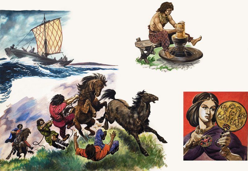 Cuando los celtas llegaron a Gran Bretaña, ilustración de "Treasure". de Peter Jackson