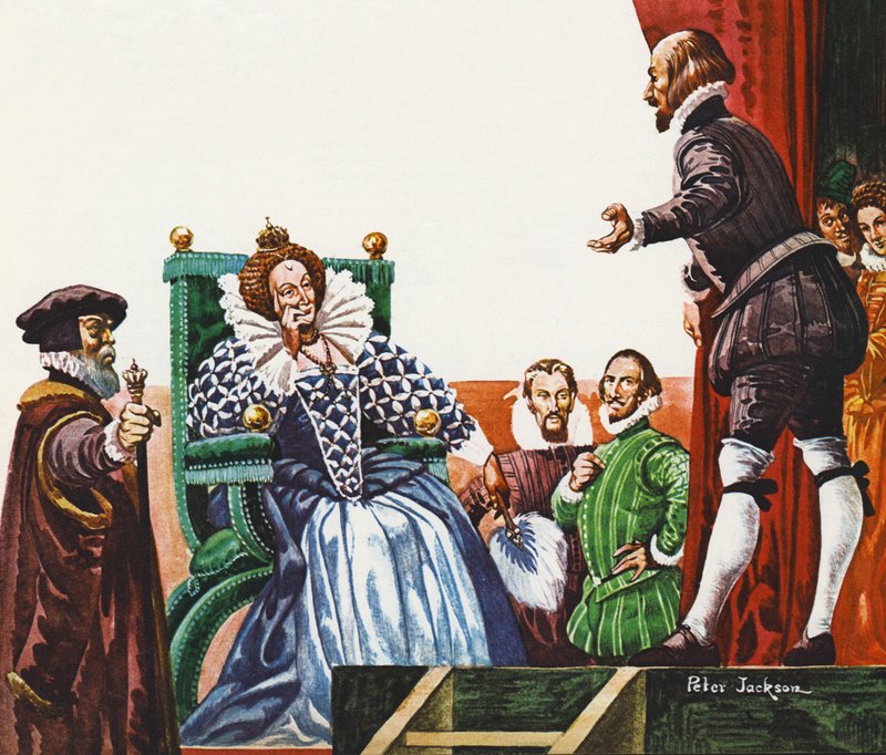 William Shakespeare presentando una de sus obras a la reina Isabel I de Peter Jackson