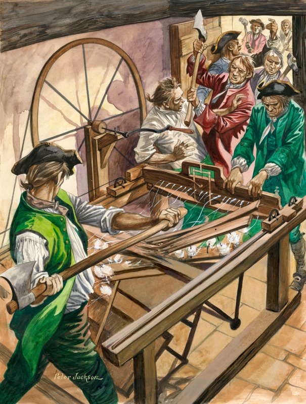 Trabajadores atacan la casa de Blackburn de James Hargreaves para destruir su invención, la Spinning Jenny de Peter Jackson