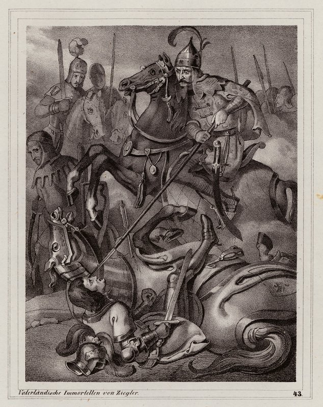 Muerte de Federico II de Austria en la batalla del río Leitha de Peter Johann Nepomuk Geiger