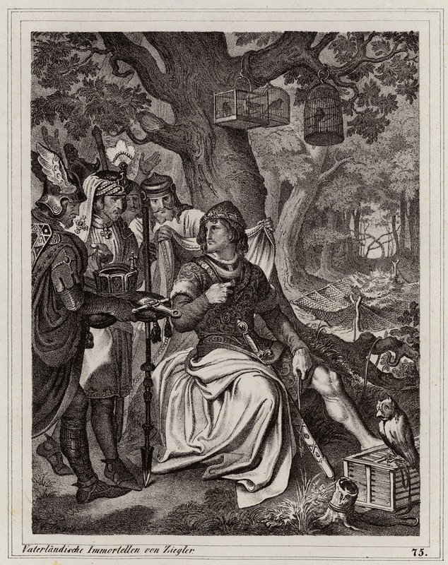 Enrique el Amo recibiendo la noticia de que es rey de Francia Oriental, 919 (grabado) de Peter Johann Nepomuk Geiger
