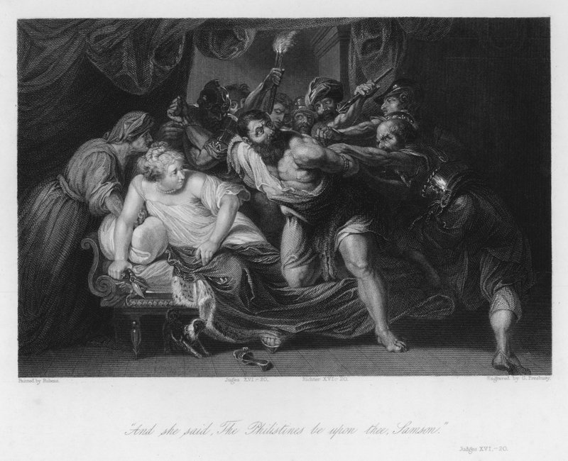 Sansón traicionado por Dalila, Jueces XVI, 20 (grabado) de Peter Paul (after) Rubens