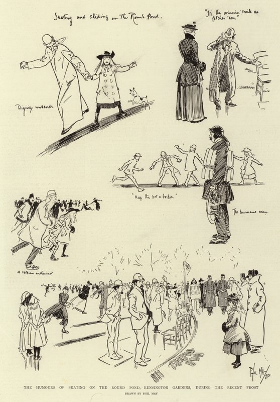 El humor del patinaje en el Round Pond, Kensington Gardens, durante la reciente helada de Phil May