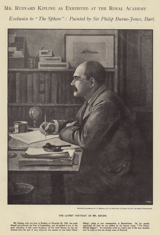 Retrato de Rudyard Kipling exhibido en la Real Academia (litografía) de Philip (after) Burne Jones