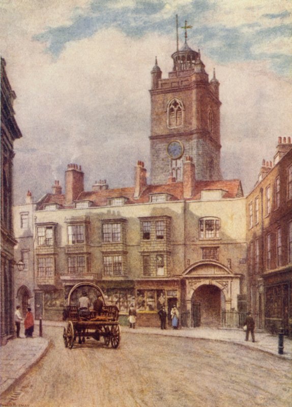 Torre de la Iglesia de San Giles, Cripplegate, y Casas Antiguas en Fore Street, 1884 de Philip Norman