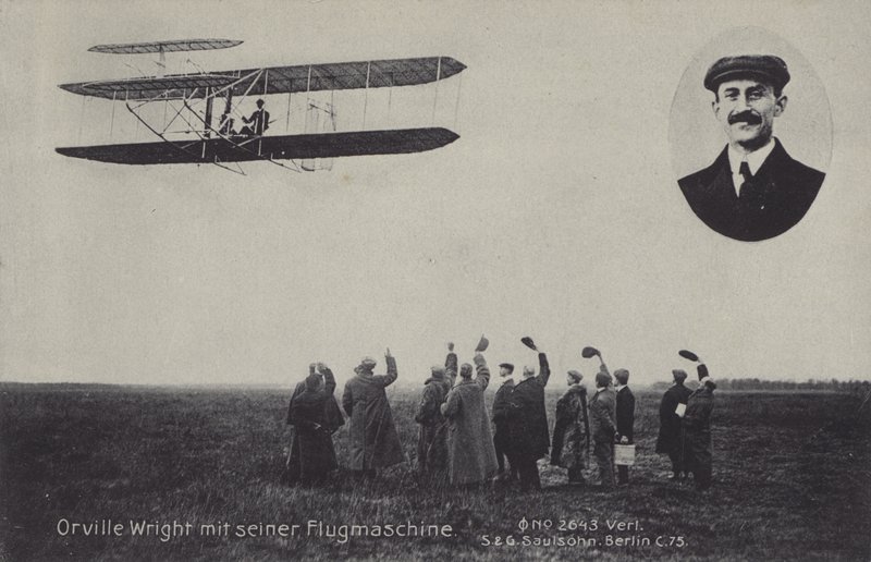 Aviador estadounidense Orville Wright y su máquina voladora de Photographer German