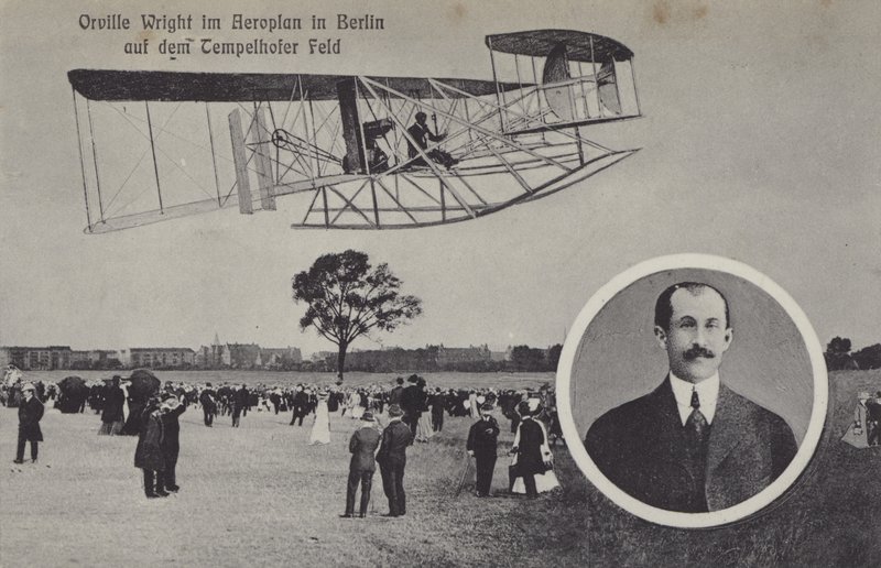 Orville Wright volando su aeroplano sobre el aeródromo de Tempelhof, Berlín de Photographer German