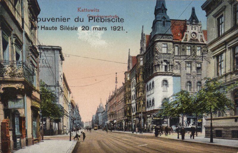 Calle en Katowice, Polonia, postal de recuerdo conmemorando el plebiscito en Alta Silesia celebrado el 20 de marzo de 1921 para determinar parte de la frontera entre Polonia y Alemania de Photographer German