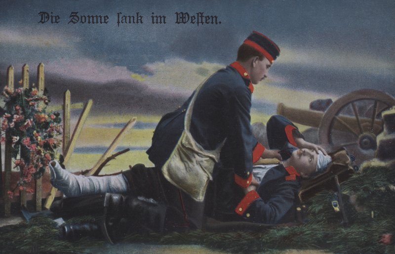 El Sol se puso en el oeste: un soldado alemán consolando a su camarada moribundo en el campo de batalla de Photographer German