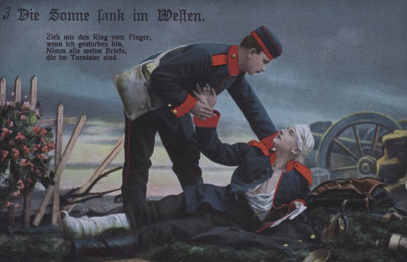 El sol se puso en el oeste: un soldado alemán consolando a su camarada moribundo en el campo de batalla de Photographer German