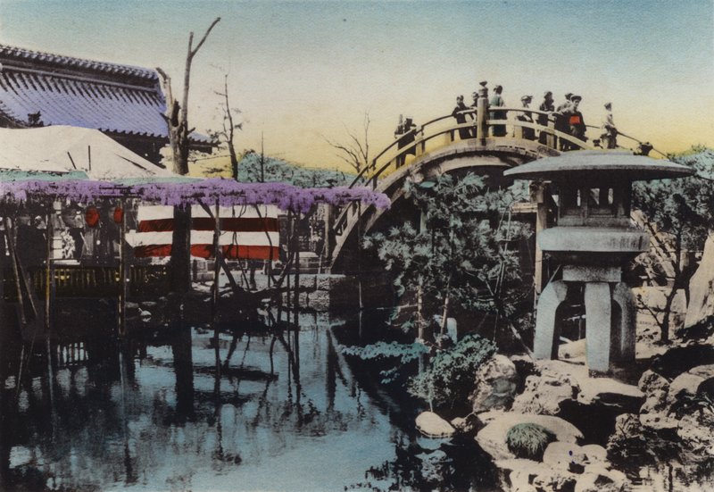 Japón, c.1912: Terreno del Templo Kameido conocido por la floración de glicinas en mayo y el Puente del Tambor en el terreno de Photographer Japanese