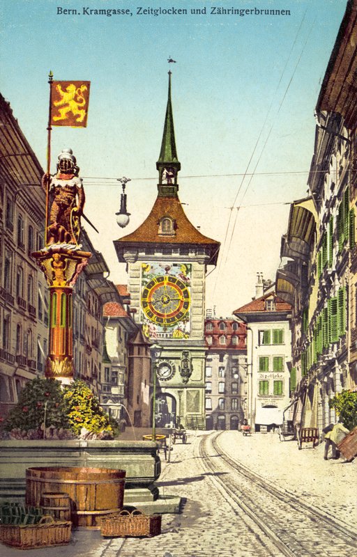La torre del reloj Zytglogge y la fuente Zahringerbrunnen, Kramgasse, Berna, Suiza (foto en color) de Photographer Swiss