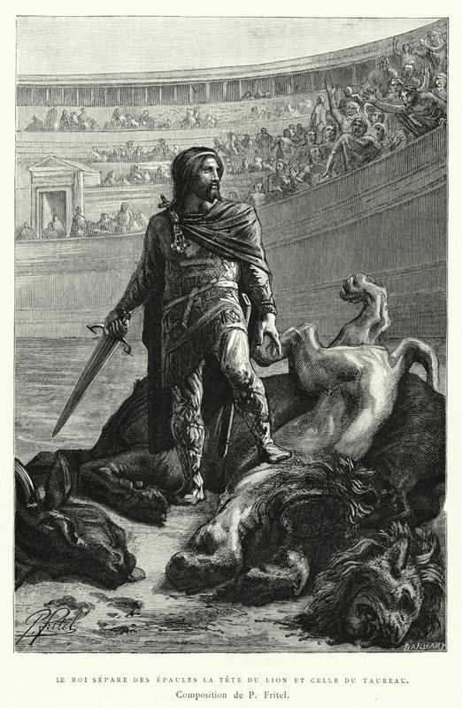 Le Roi Separe Des Epaules La Tete Du Lion Et Celle Du Taureau (grabado) de Pierre Fritel