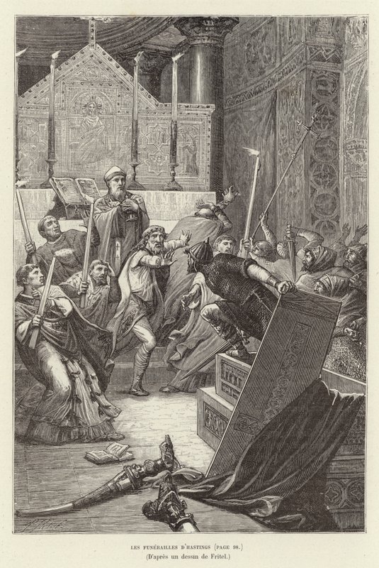 Los funerales de Hastings. Vikingos atacando una iglesia francesa en el funeral de su líder, Hasting, después de fingir su muerte de Pierre Fritel