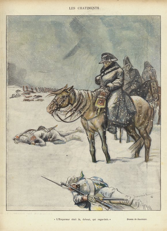 Napoleón en la retirada de Moscú, ilustración para Le Rire de Pierre Georges Jeanniot